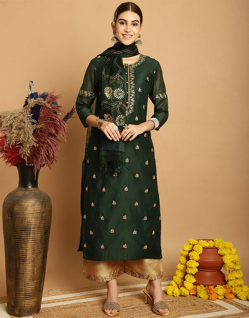 classy bottle green chanderi trendy designer top bottom dupatta set collection with camel taffeta va-384-5059 Front View