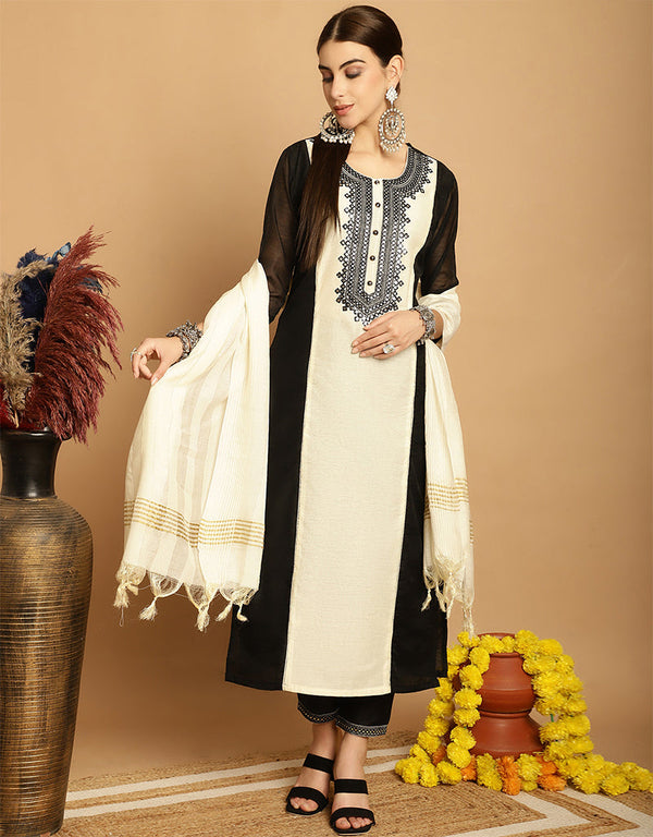 stylish black chanderi trendy designer top bottom dupatta set collection with black taffeta va-384-5060 Front View