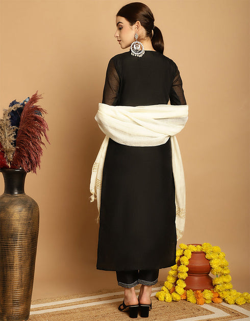 stylish black chanderi trendy designer top bottom dupatta set collection with black taffeta va-384-5060 Close-up View