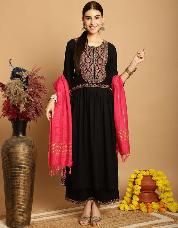 chic black rayon trendy designer top bottom dupatta set collection with black rayon va-384-5061 Front View
