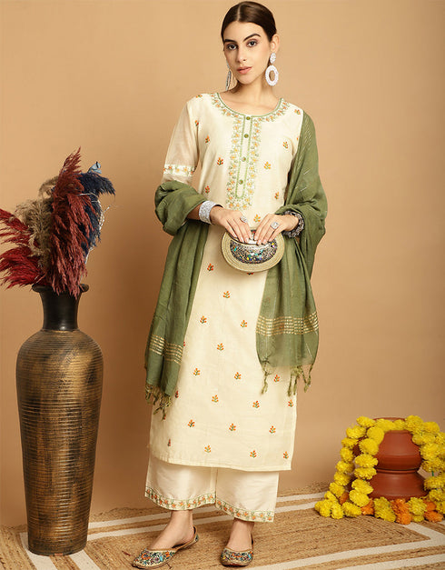 trendy white chanderi trendy designer top bottom dupatta set collection with white taffeta va-384-5062 Front View