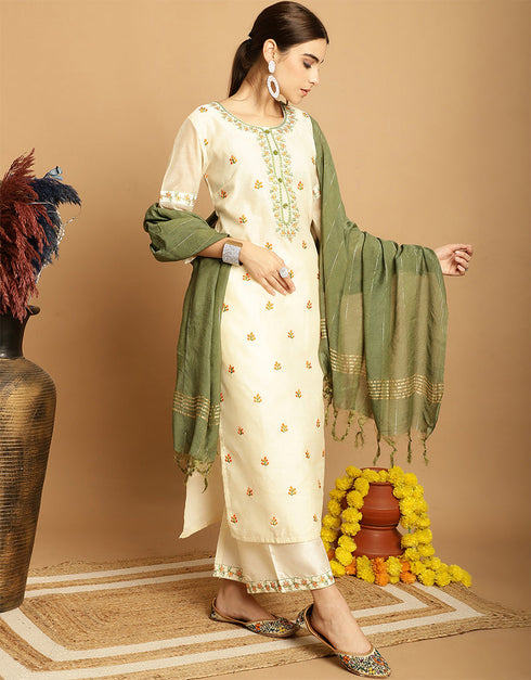 trendy white chanderi trendy designer top bottom dupatta set collection with white taffeta va-384-5062 Back View