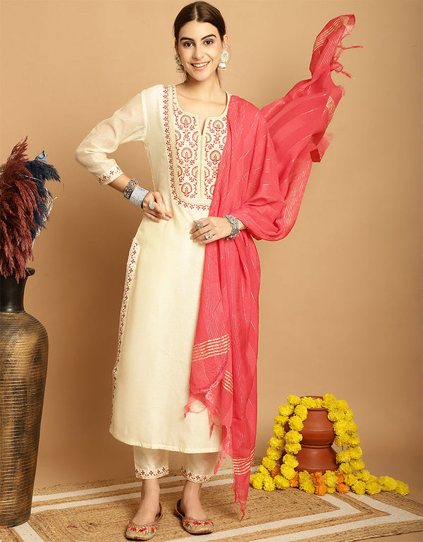 elegant cream chanderi trendy designer top bottom dupatta set collection with cream taffeta va-384-5063 Front View