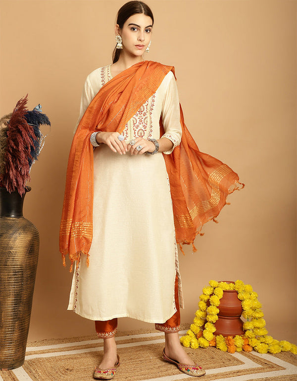 fashionable off white cream chanderi trendy designer top bottom dupatta set collection with rusty red taffeta va-384-5064 Front View