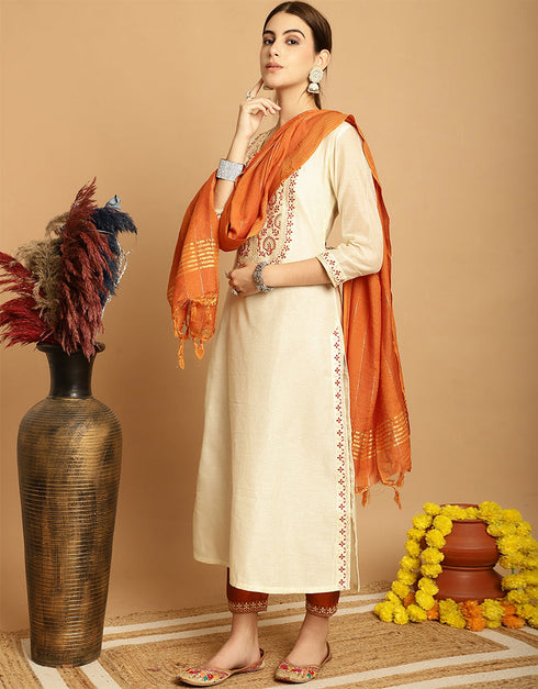 fashionable off white cream chanderi trendy designer top bottom dupatta set collection with rusty red taffeta va-384-5064 Back View