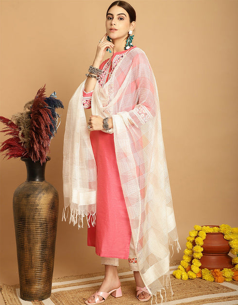 sleek orange light chanderi trendy designer top bottom dupatta set collection with orange light taffeta va-384-5065 Back View