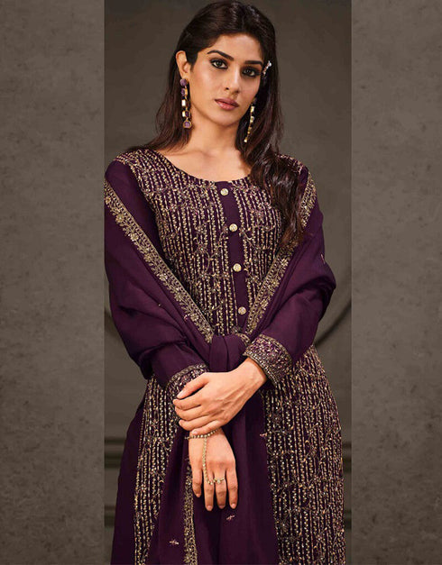 Wine Berry 2 Tone Cationic Georgette Pant Straight Closure View