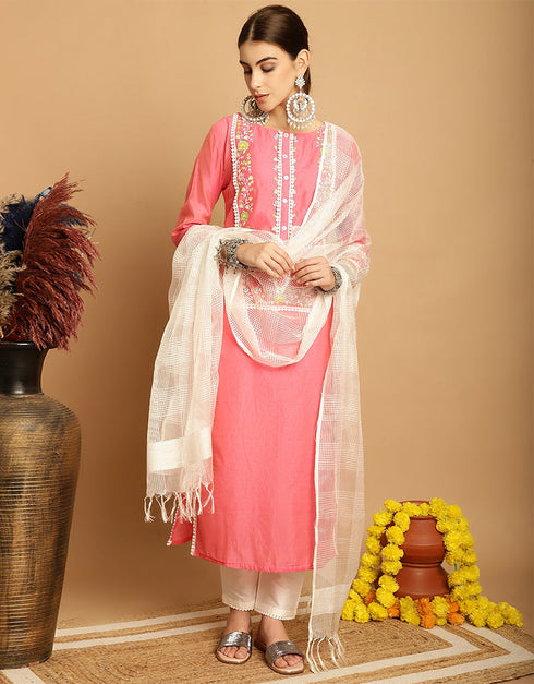 modern baby pink chanderi trendy designer top bottom dupatta set collection with baby pink taffeta va-384-5066 Front View