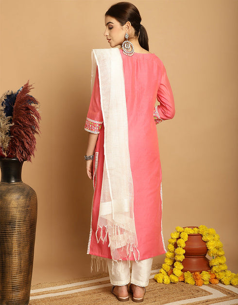 modern baby pink chanderi trendy designer top bottom dupatta set collection with baby pink taffeta va-384-5066 Close-up View