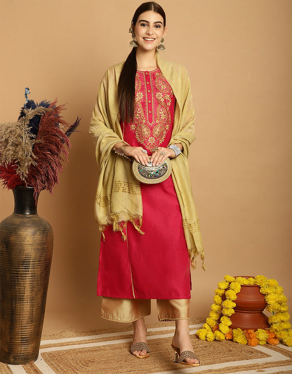 sophisticated orange red chanderi trendy designer top bottom dupatta set collection with sand taffeta va-384-5067 Front View