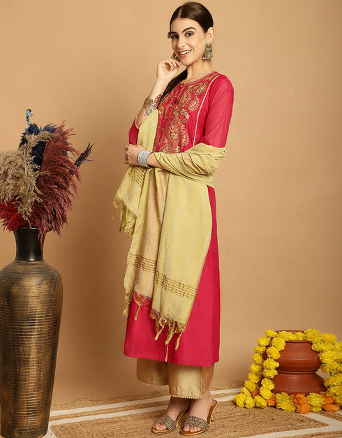 sophisticated orange red chanderi trendy designer top bottom dupatta set collection with sand taffeta va-384-5067 Back View