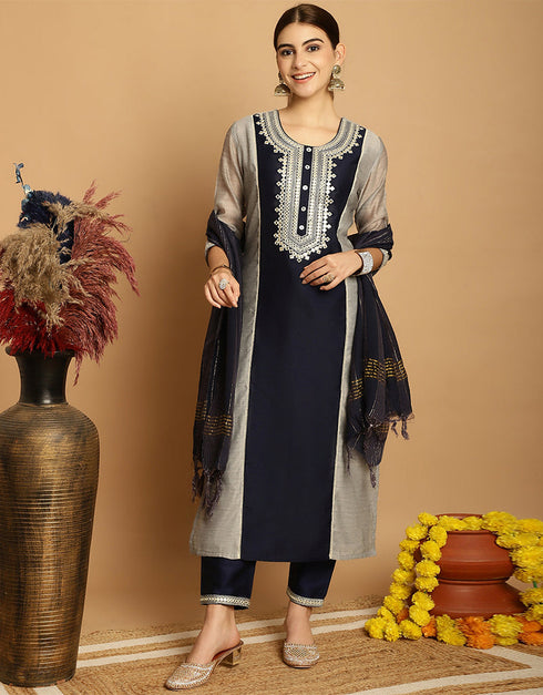 glamorous grey black chanderi trendy designer top bottom dupatta set collection with mirage taffeta va-384-5068 Front View