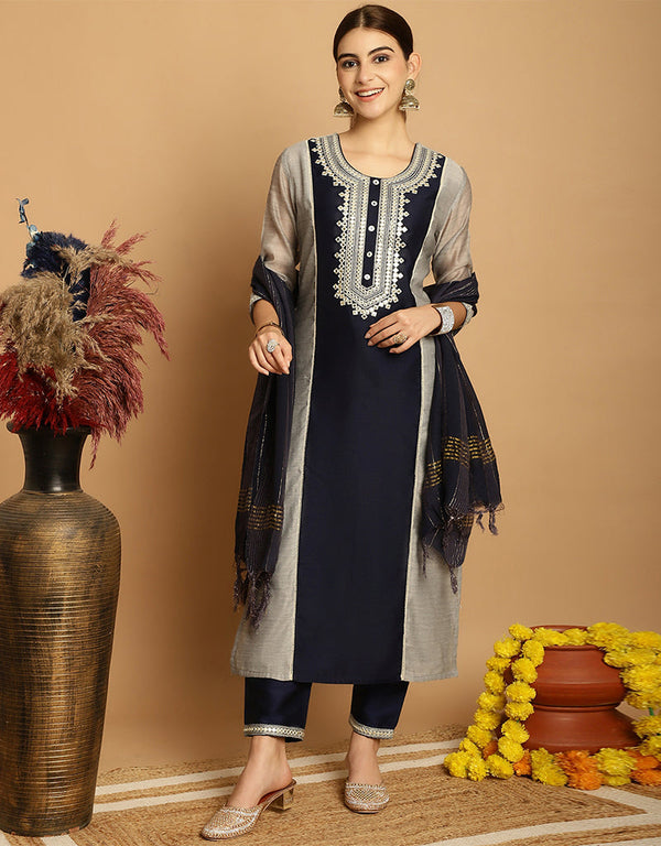 glamorous grey black chanderi trendy designer top bottom dupatta set collection with mirage taffeta va-384-5068 Front View