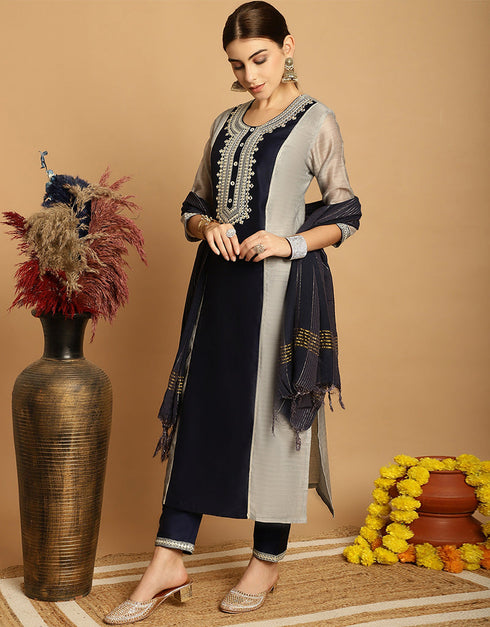 glamorous grey black chanderi trendy designer top bottom dupatta set collection with mirage taffeta va-384-5068 Back View
