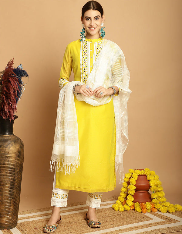contemporary yellow chanderi trendy designer top bottom dupatta set collection with white taffeta va-384-5069 Front View