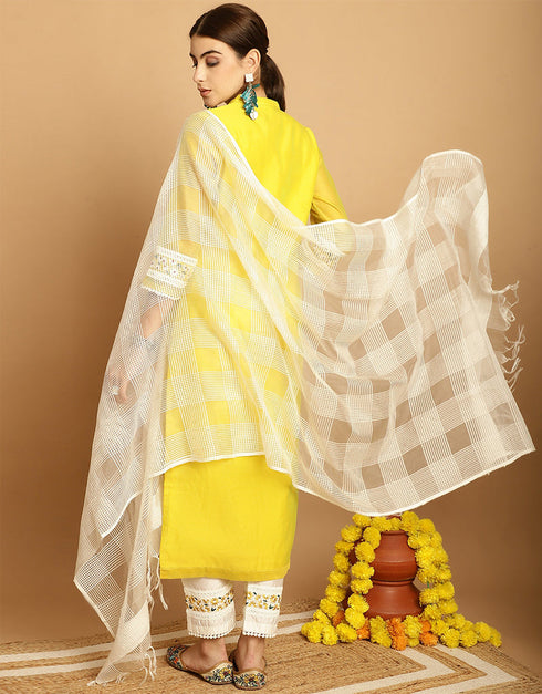 contemporary yellow chanderi trendy designer top bottom dupatta set collection with white taffeta va-384-5069 Close-up View
