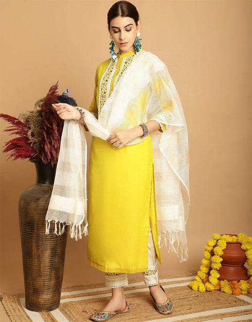 contemporary yellow chanderi trendy designer top bottom dupatta set collection with white taffeta va-384-5069 Back View