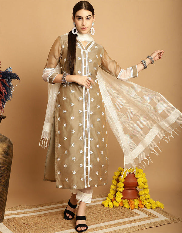 classy light coffee brown chanderi trendy designer top bottom dupatta set collection with light coffee brown taffeta va-384-5070 Front View