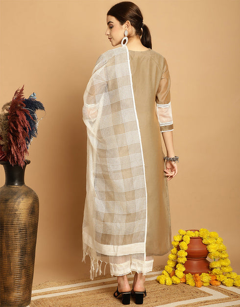 classy light coffee brown chanderi trendy designer top bottom dupatta set collection with light coffee brown taffeta va-384-5070 Close-up View