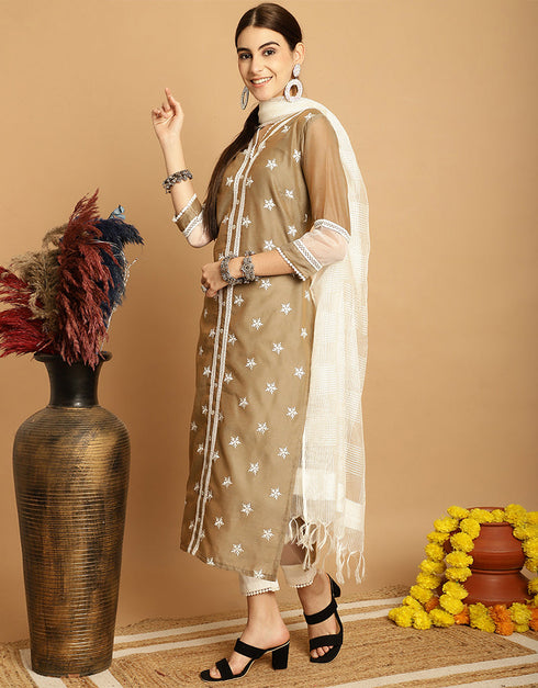 classy light coffee brown chanderi trendy designer top bottom dupatta set collection with light coffee brown taffeta va-384-5070 Back View