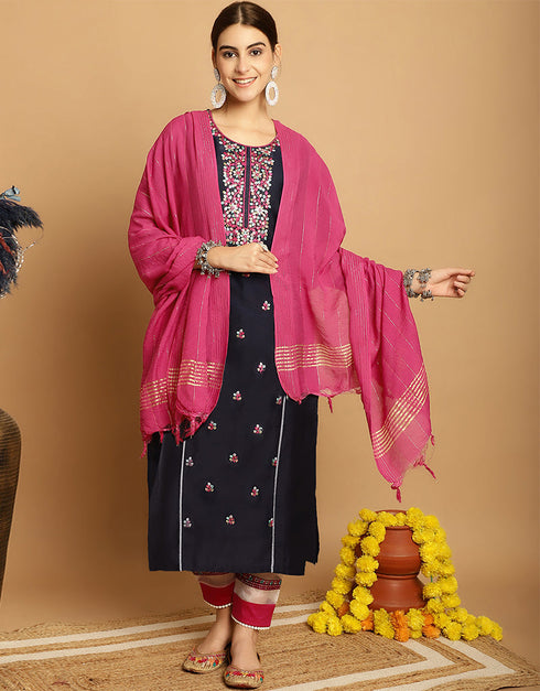 stylish black chanderi trendy designer top bottom dupatta set collection with multi taffeta va-384-5071 Front View