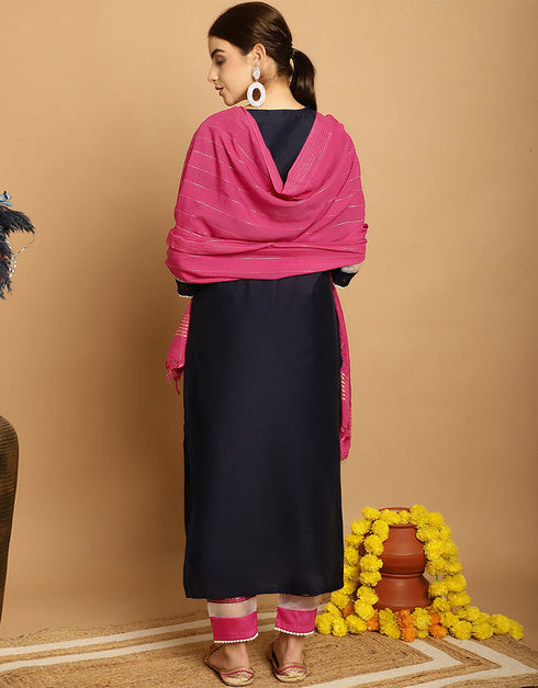 stylish black chanderi trendy designer top bottom dupatta set collection with multi taffeta va-384-5071 Close-up View