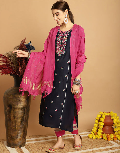 stylish black chanderi trendy designer top bottom dupatta set collection with multi taffeta va-384-5071 Back View