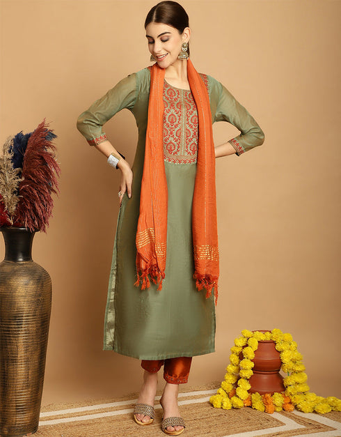 chic mehandi green chanderi trendy designer top bottom dupatta set collection with rusty orange taffeta va-384-5072 Front View