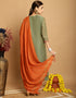 chic mehandi green chanderi trendy designer top bottom dupatta set collection with rusty orange taffeta va-384-5072 Close-up View