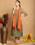 chic mehandi green chanderi trendy designer top bottom dupatta set collection with rusty orange taffeta va-384-5072 Back View