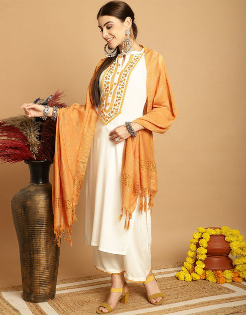 trendy off white rayon trendy designer top bottom dupatta set collection with off white rayon va-384-5073 Back View