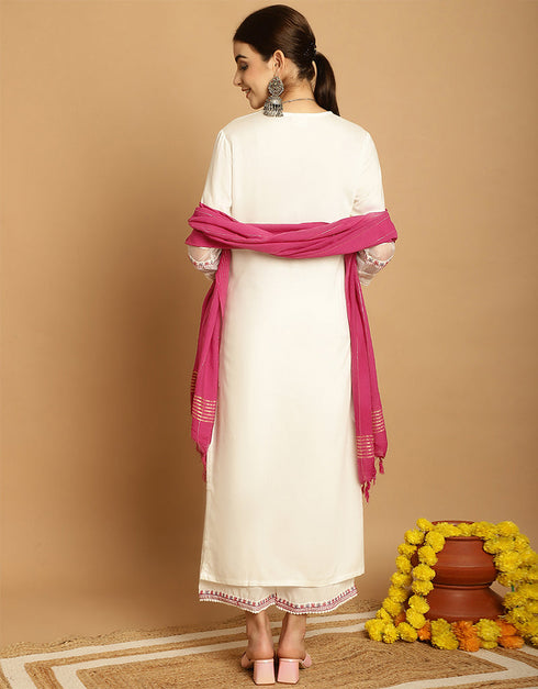 elegant off white rayon trendy designer top bottom dupatta set collection with off white rayon va-384-5074 Close-up View