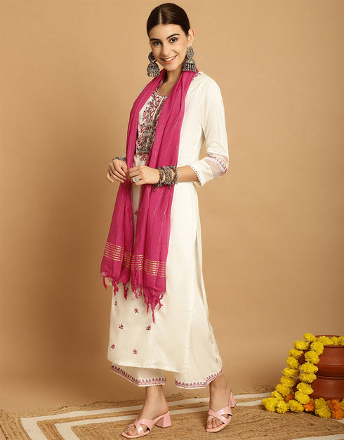 elegant off white rayon trendy designer top bottom dupatta set collection with off white rayon va-384-5074 Back View