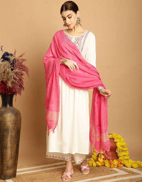 fashionable off white rayon trendy designer top bottom dupatta set collection with off white rayon va-384-5075 Front View