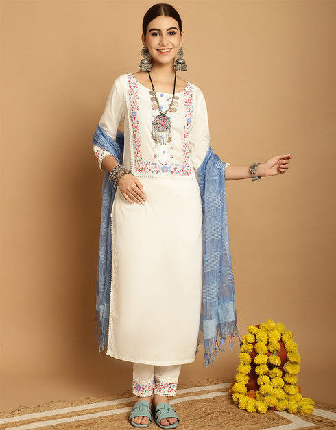 sleek cream white rayon trendy designer top bottom dupatta set collection with cream white rayon va-384-5076 Front View