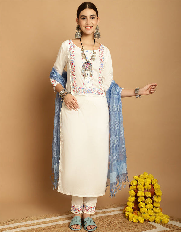 sleek cream white rayon trendy designer top bottom dupatta set collection with cream white rayon va-384-5076 Front View
