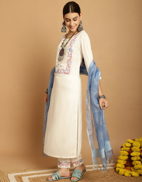 sleek cream white rayon trendy designer top bottom dupatta set collection with cream white rayon va-384-5076 Back View