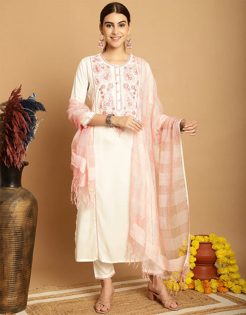 modern off white rayon trendy designer top bottom dupatta set collection with off white rayon va-384-5077 Front View
