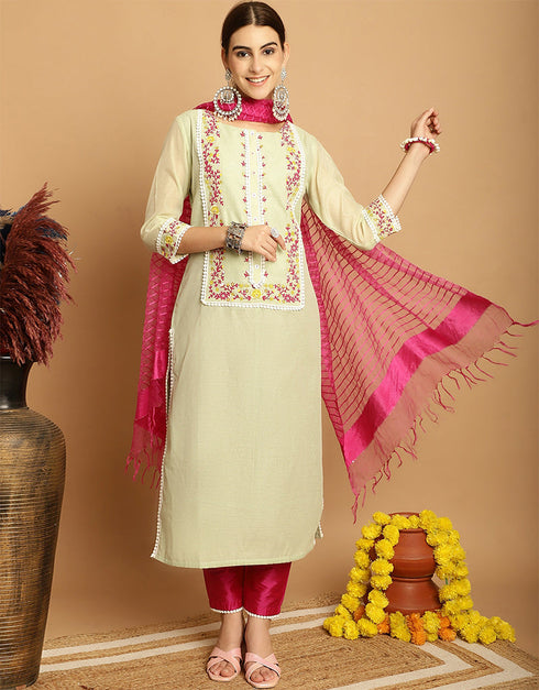 glamorous light pista chanderi trendy designer top bottom dupatta set collection with pink taffeta va-384-5079 Front View