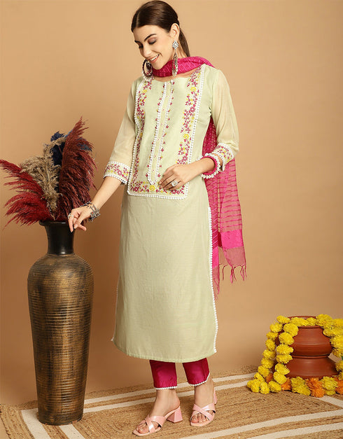 glamorous light pista chanderi trendy designer top bottom dupatta set collection with pink taffeta va-384-5079 Back View