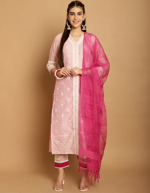 contemporary light baby pink chanderi trendy designer top bottom dupatta set collection with light baby pink taffeta va-384-5080 Front View