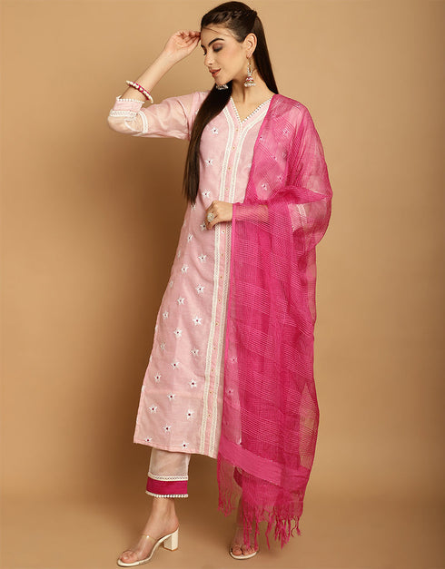 contemporary light baby pink chanderi trendy designer top bottom dupatta set collection with light baby pink taffeta va-384-5080 Back View