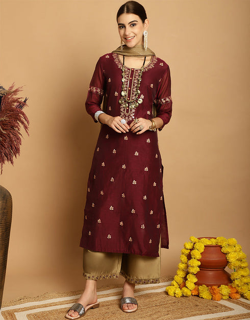 classy maroon chanderi trendy designer top bottom dupatta set collection with coffee taffeta va-384-5081 Front View