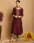 classy maroon chanderi trendy designer top bottom dupatta set collection with coffee taffeta va-384-5081 Front View
