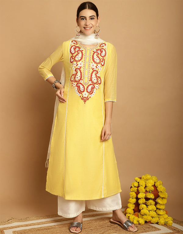 stylish yellow chanderi trendy designer top bottom dupatta set collection with spanish white taffeta va-384-5082 Front View