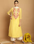 stylish yellow chanderi trendy designer top bottom dupatta set collection with spanish white taffeta va-384-5082 Front View