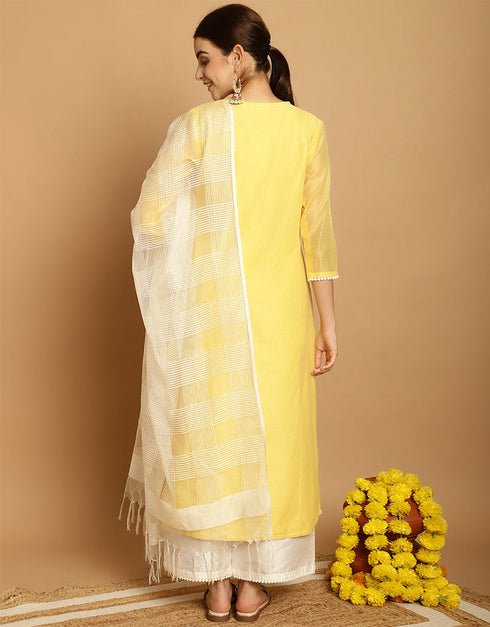 stylish yellow chanderi trendy designer top bottom dupatta set collection with spanish white taffeta va-384-5082 Close-up View