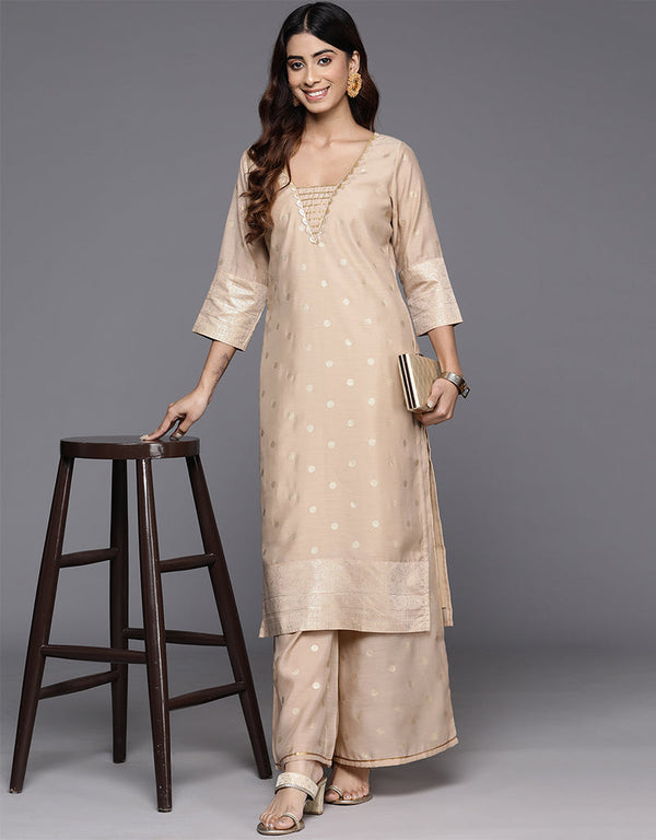 chic tan poly chanderi top bottom set with tan polyester va-385-5084 Front View