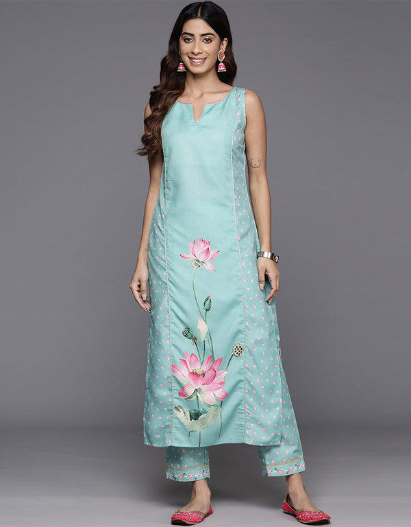 trendy blue cotton blend top bottom set with blue cotton blend va-385-5085 Front View