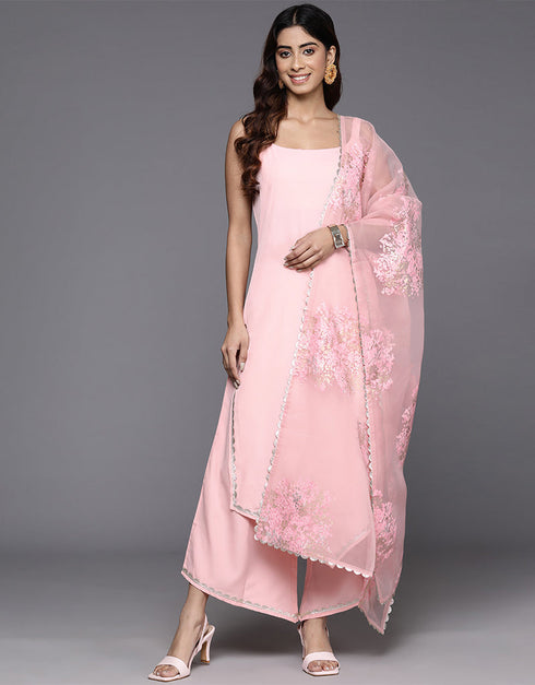 elegant pink poly crepe top bottom dupatta set with pink poly crepe va-385-5086 Front View